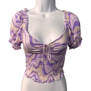 Urban Outfitters Swirl Smock Crop Top Puff Sleeve S Psychedelic 70s 90s Festival